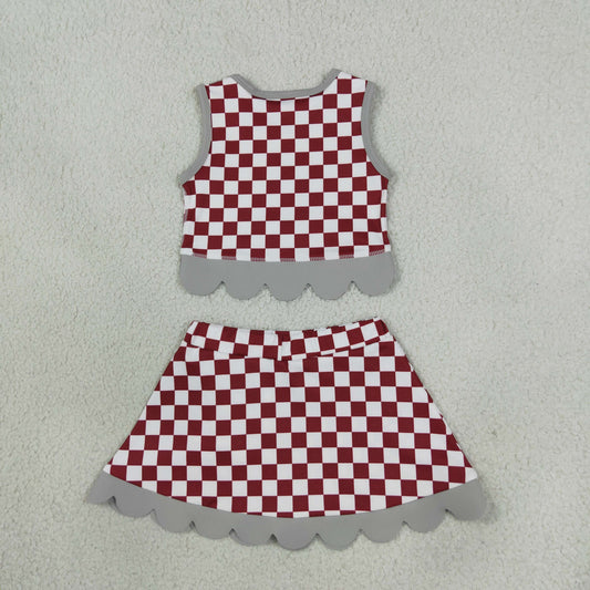 Baby Girls Red Checked Alabama Bows Skirt Short Yoga Active Team Scallop Clothes Set