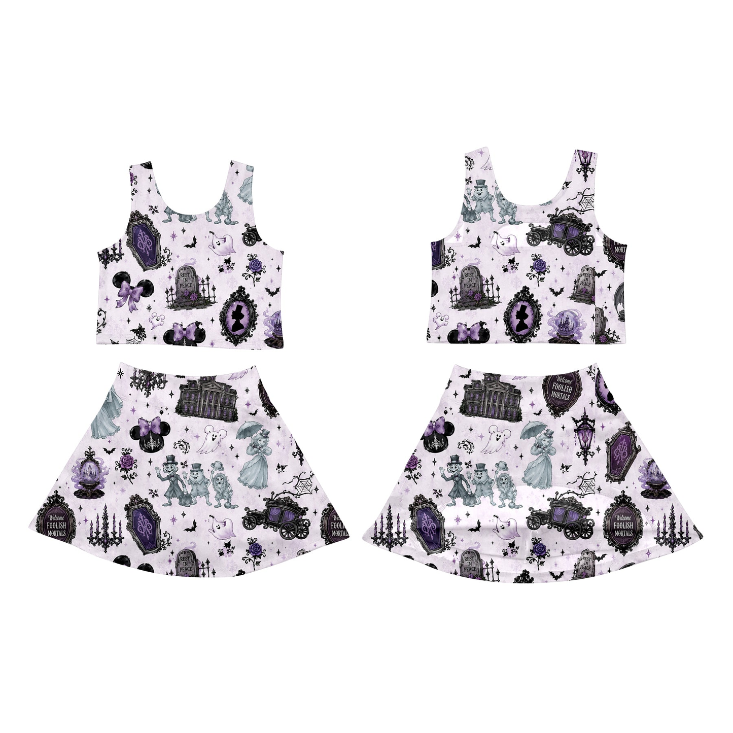 Preorder moq 5 Baby Girls Cartoon Ghosts Vest Skirt Short Yoga Active Clothes Set