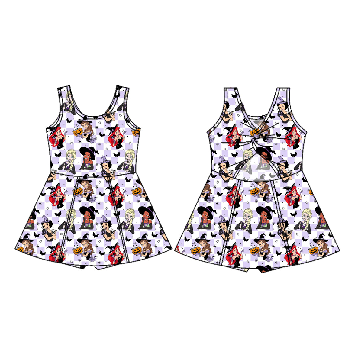 Preorder moq 5 Baby Girls Cartoon Princesses Bats Yoga Active Shorts Knee Length Dress