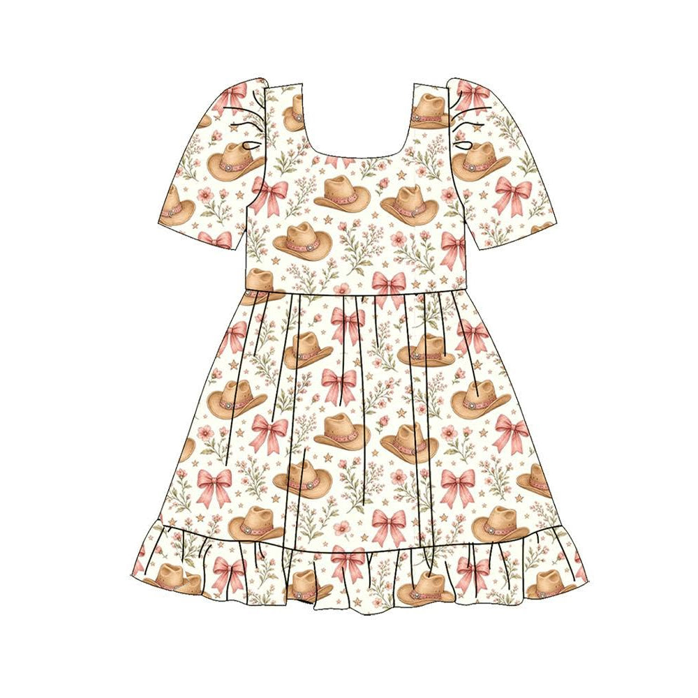 Preorder moq 5 Baby Girls Hats Flowers Western Ruffle Knee Length Dress