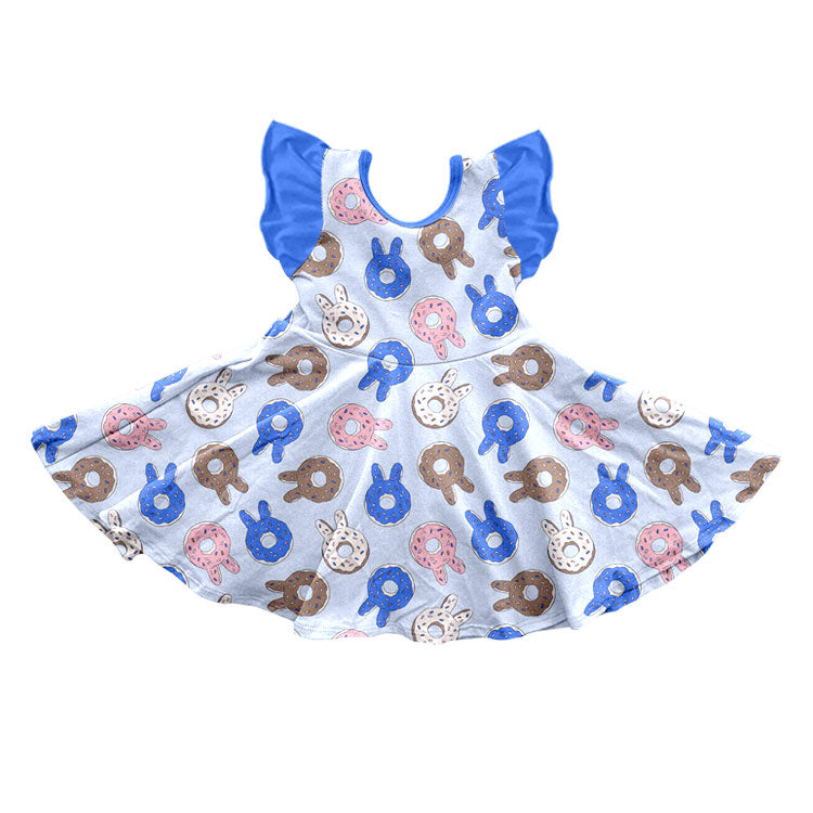 Preorder moq 5 Baby Girls Flutter Sleeve Donuts Rabbits Easter Knee Length Dress