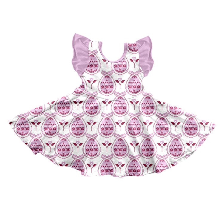 Preorder moq 5 Baby Girls Flutter Sleeve Bows Eggs Flowers Easter Knee Length Dress