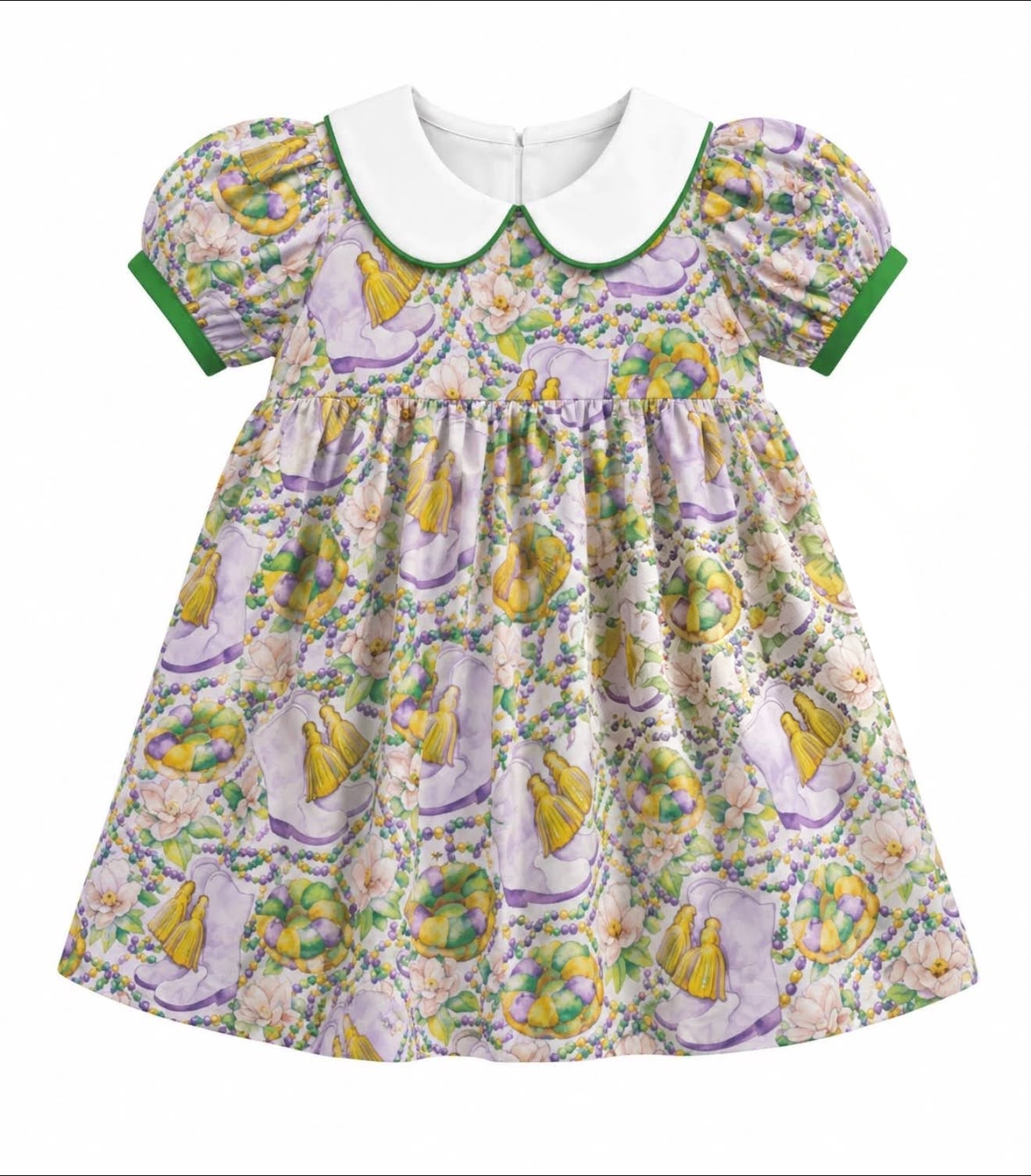 Preorder moq 5 Baby Girls Mardigras Collar Boots Necklaces Short Sleeve Knee Length Dress