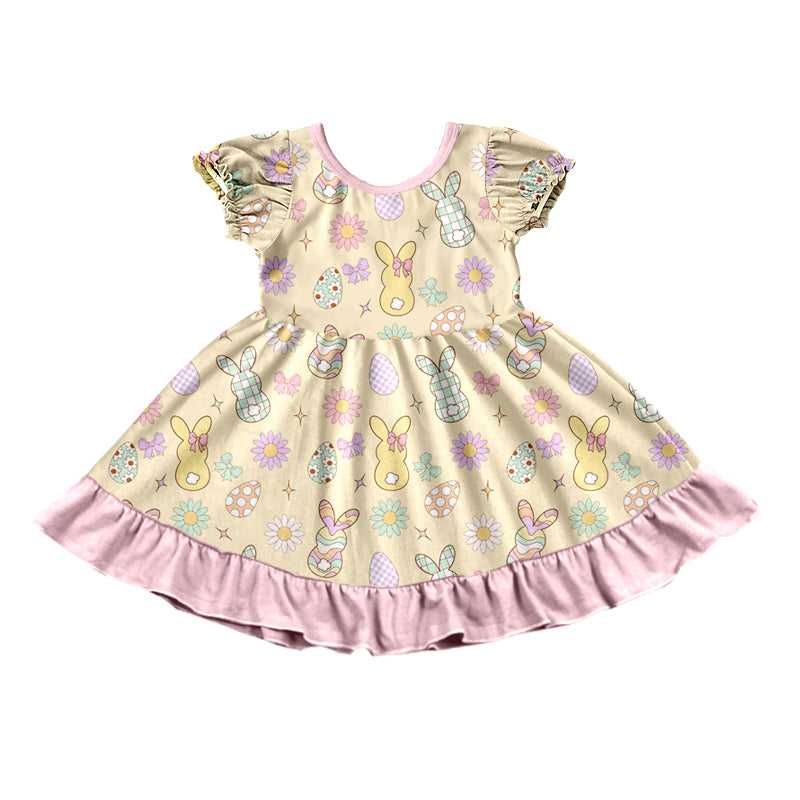 Baby Girls Flowers Eggs Rabbits Easter Ruffle Knee Length Dress