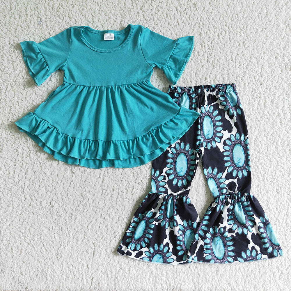 Sibling Baby Girls Aqua Ruffle Tunic Turquoises Bell Bottom Western Clothes Set Strap Jumpsuits