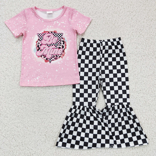 Sibling Baby Girls Be mine Valentines Shirts Checkered Bell Pants Sets