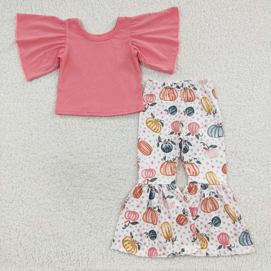 Sibling Baby Girls Bows Flowers Pumpkins Tunic Leggings Bell Bottom Pant Fall Clothes Set