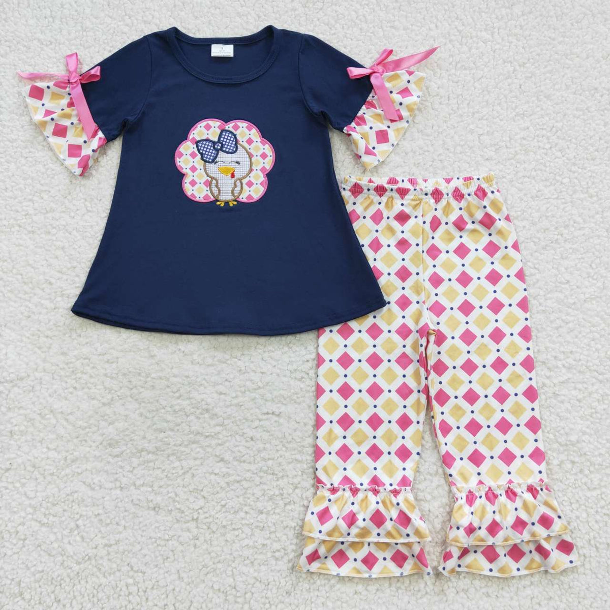 Sibling Baby Girls Embroidery Turkey Tunic Checked Pants Thanksgiving Clothes Sets Rompers