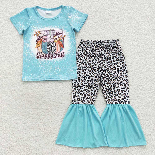 Sibling Baby Girls Happy Fall Blue Pumpkin Rompers Outfits Sets
