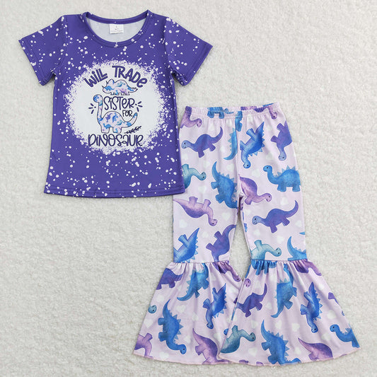 Sibling Baby Girls Purple Dinosaur Dresses Clothes Sets