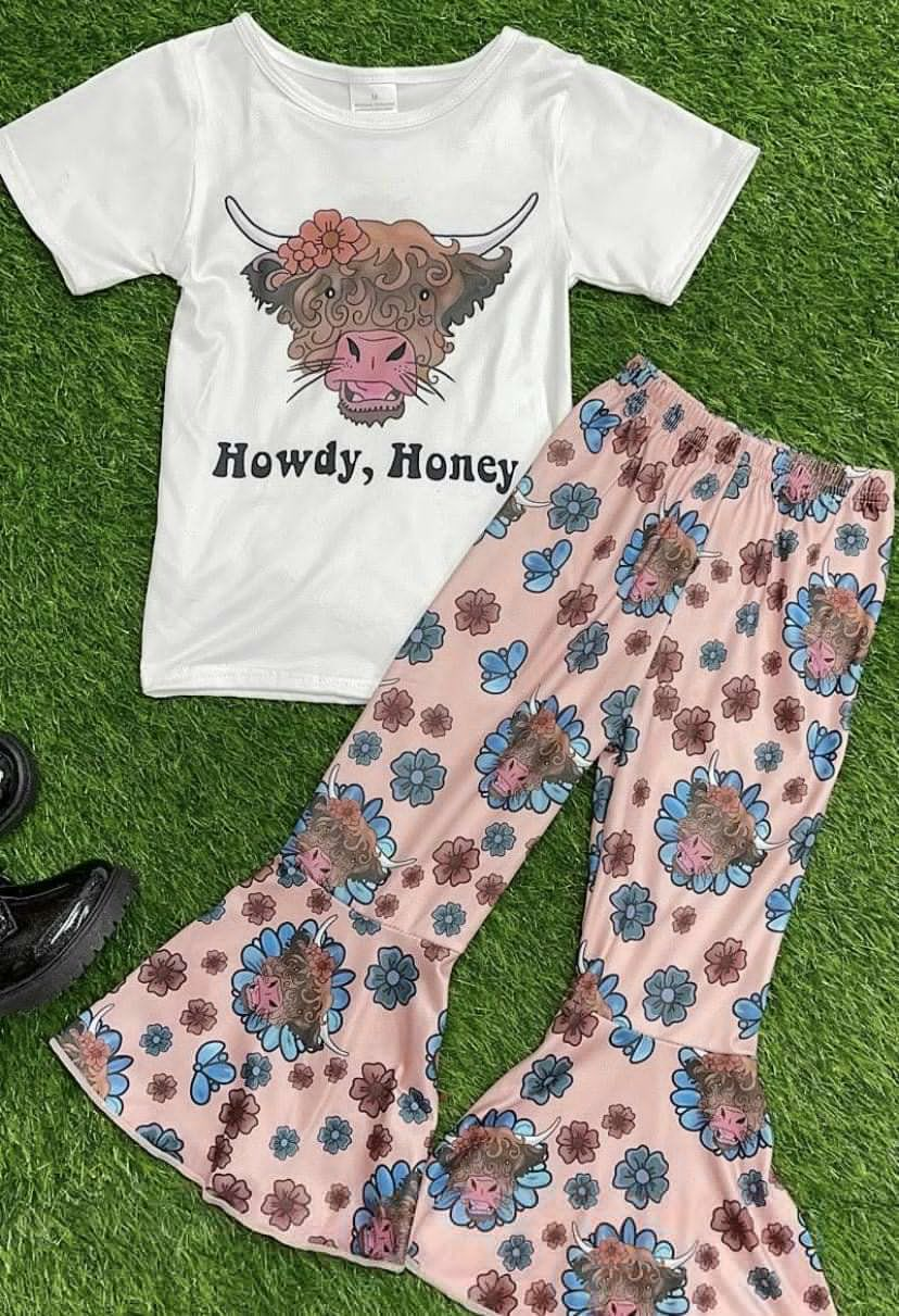 Baby Girls Howdy Highland Cow Tee Shirts Bell Pants Western Clothing Sets preorder