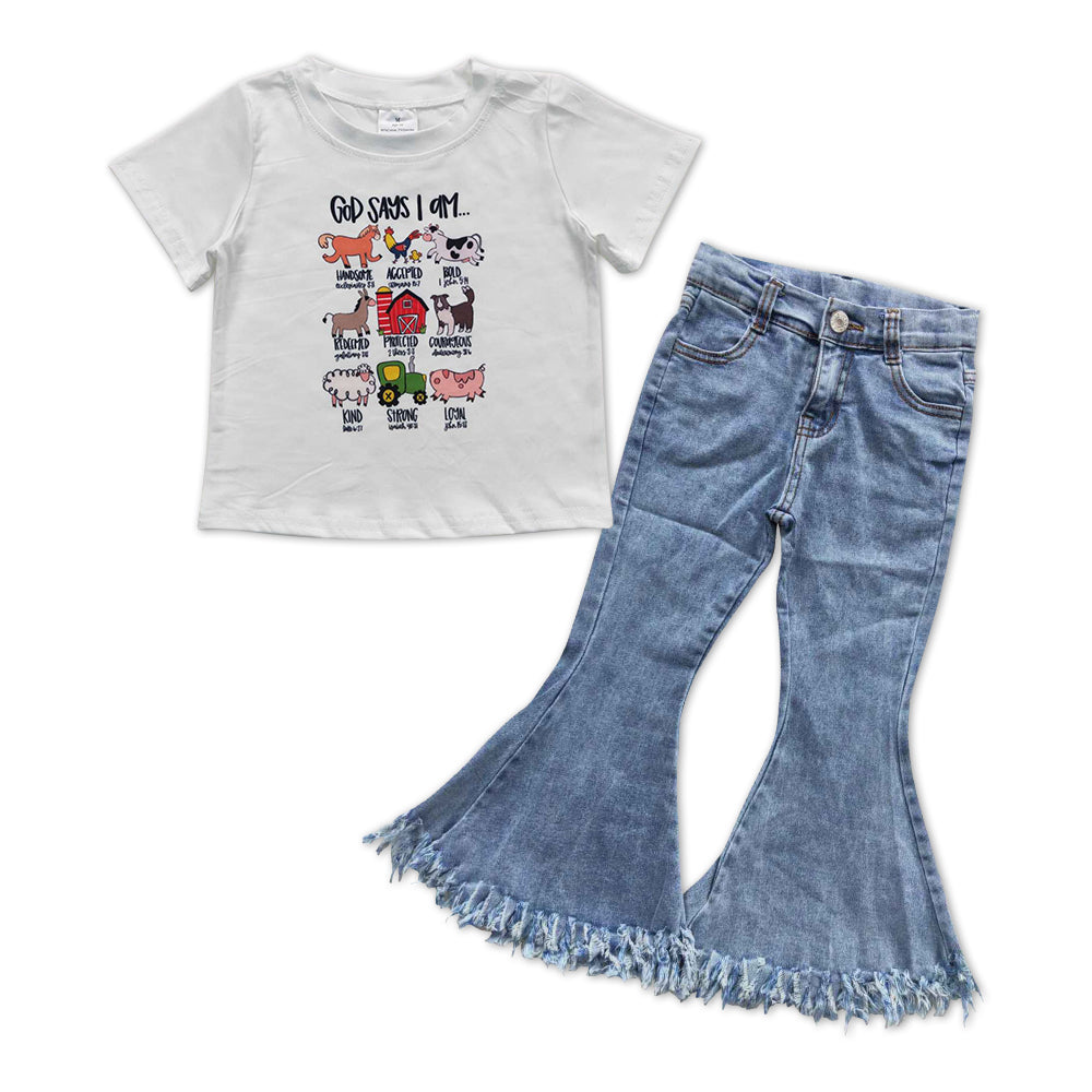 Baby Girls Farm Shirts Denim Light Blue Bell Pants Clothes Sets