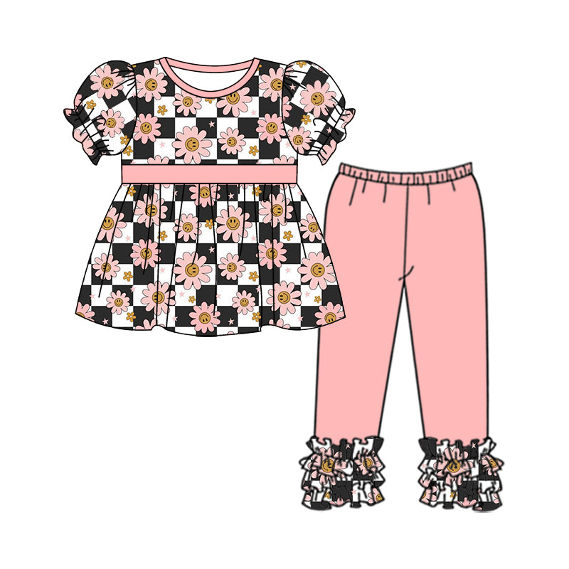 Baby Girls Flowers Checkered Belt Tunic Top Icing Ruffle Pants Clothes Sets preorder