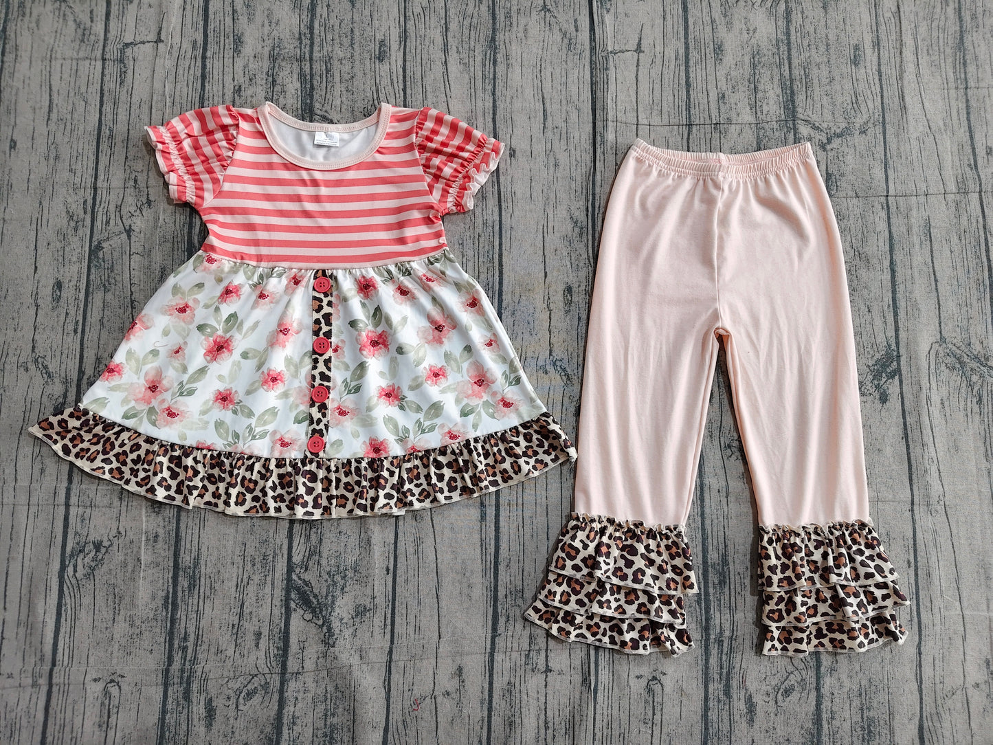 Baby Girls Leopard Flowers Button Tunic Ruffle Pants Clothes Sets