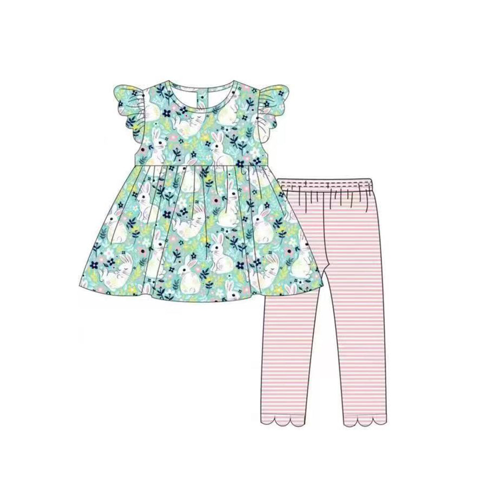 Baby Girls Easter Rabbit Flowers Easter Tunic Top Stripes Legging Clothing Sets preorder