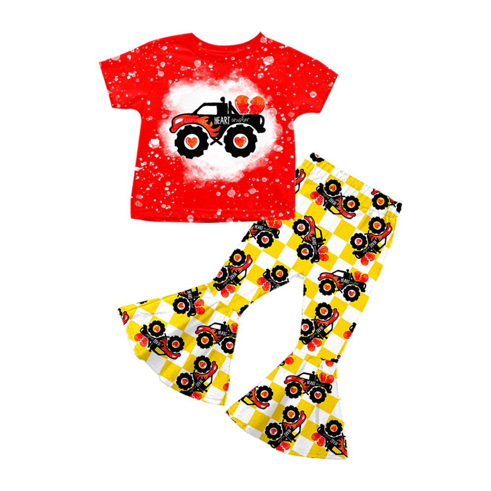 Baby Girls Valentines Tractor Short Sleeve Top Flare Pants Clothes Sets preorder