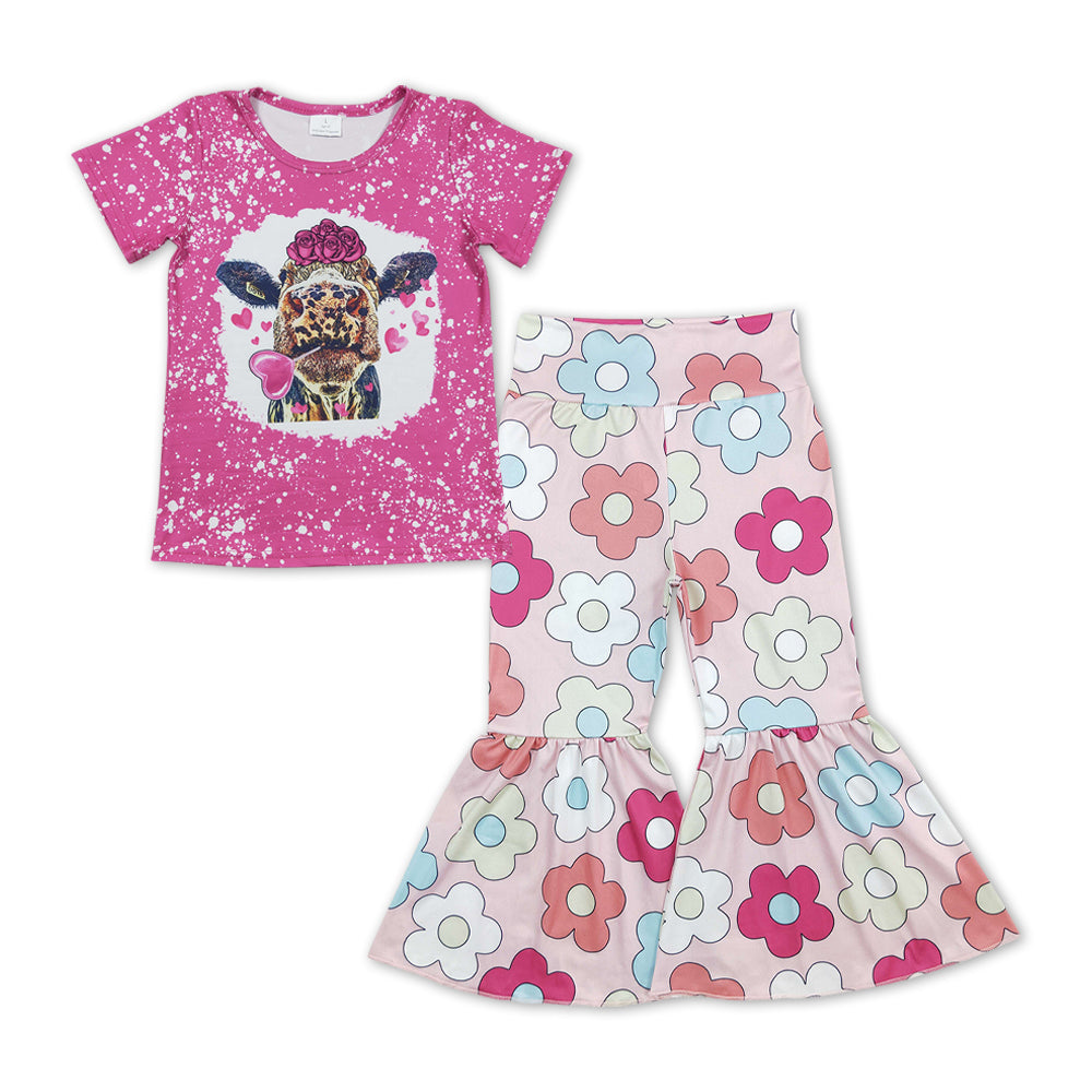 Baby Girls Highland Cow Pink Top Flowers Bell Pants Clothes Sets