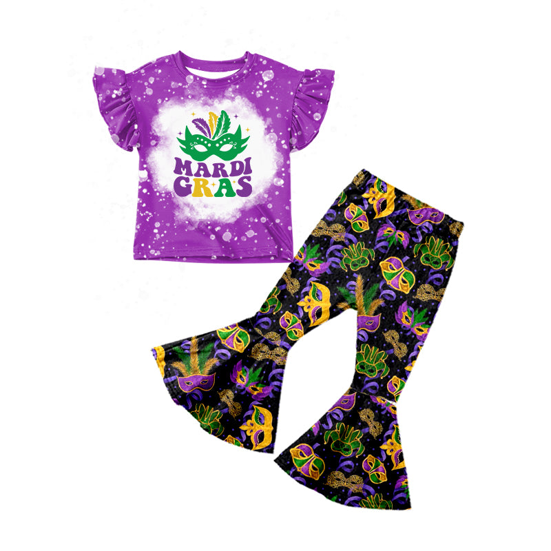 Baby Girls Mardi Gras Flutter Sleeve Tee Top Bell Pants Outfits Clothes Sets Preorder