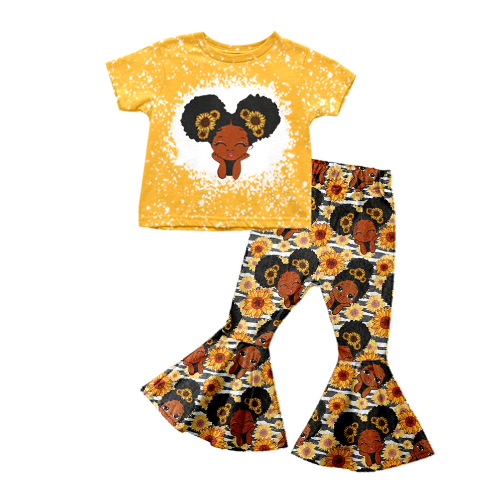 Baby Girls Black Sunflower Tee Top Bell Bottom Pants Outfits Clothes Sets Preorder