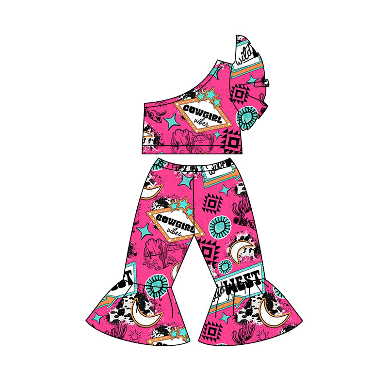 Preorder moq 5 Baby Girls Western Aztec Cowgirl One Shoulder Tee Shirt Top Bell Pants Clothes Sets