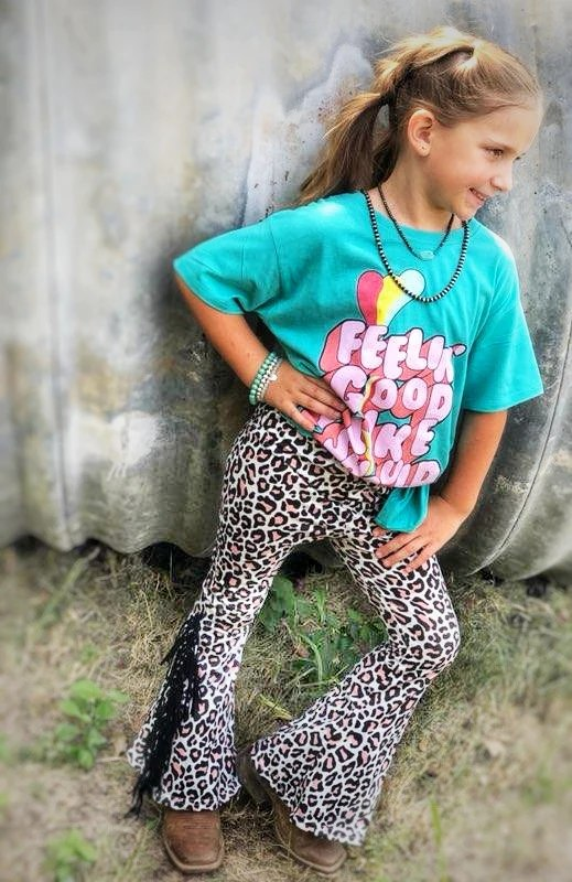 Baby Girls Western Blue Tee Shirt Top Leopard Bell Pants Clothes Sets Preorder