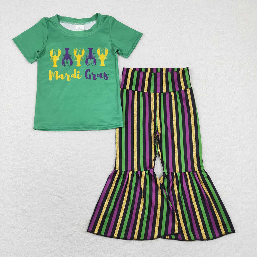 Baby Girls Green Mardi Gras Crawfish Shirt Stripes Bell Pants Clothes Sets
