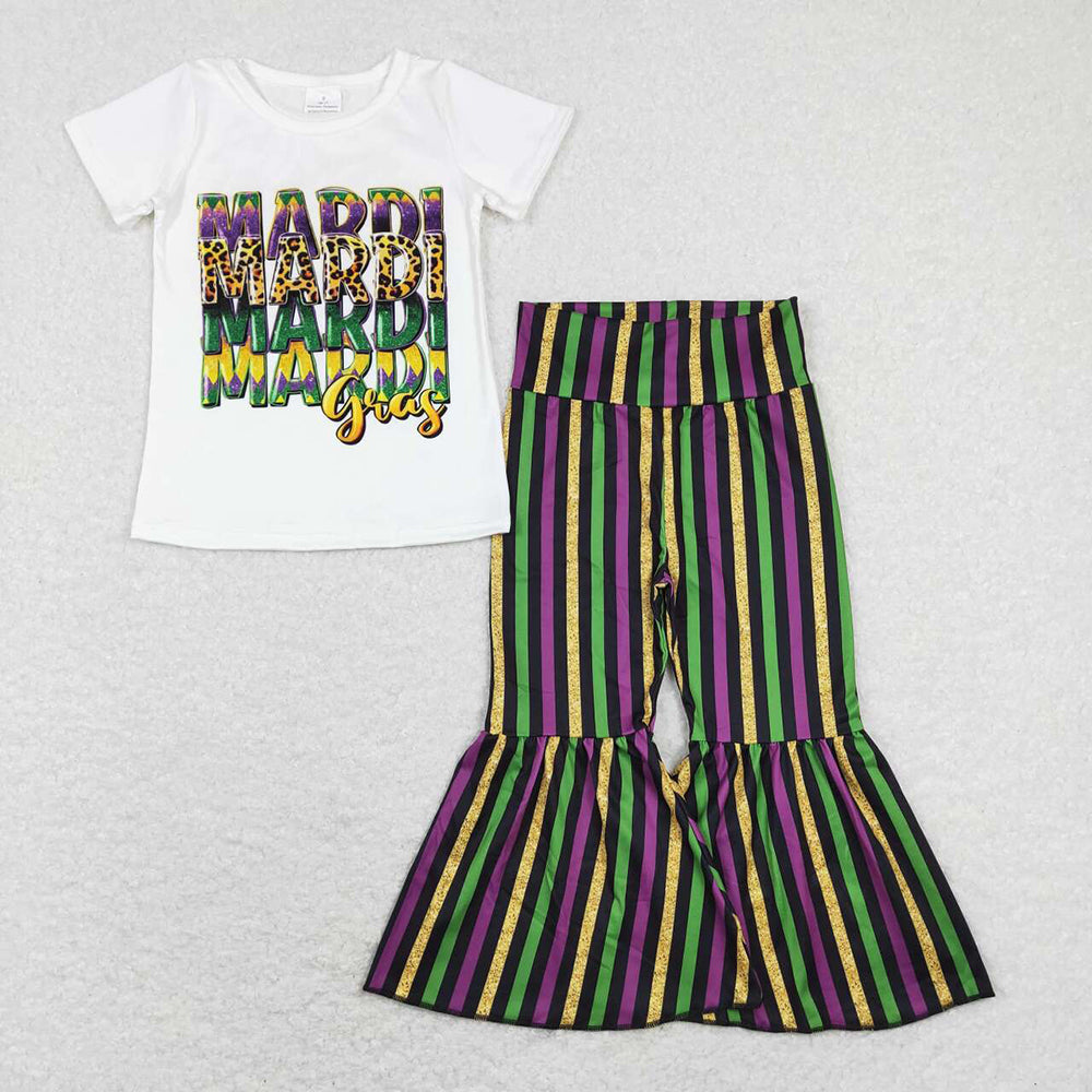 Baby Girls Mardi Gras Shirt Stripes Bell Pants Clothes Sets