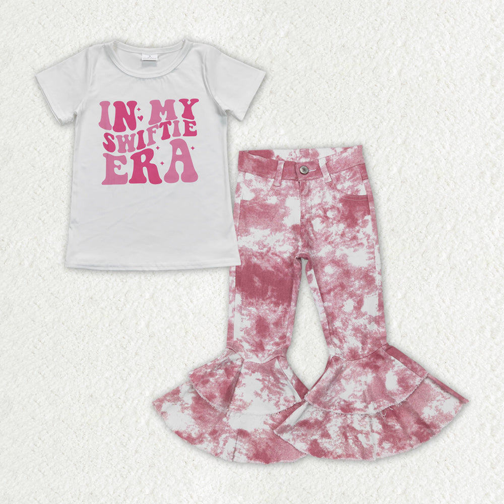 Baby Girls Singer Short Sleeve Shirt Tie Dye Bell Denim Jeans Pants Clothes Sets