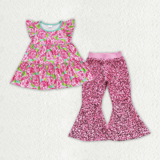 Sibling Baby Girls Flutter Sleeve Colorful Floral Tunic Sequin Bell Bottom Pant Clothes Set