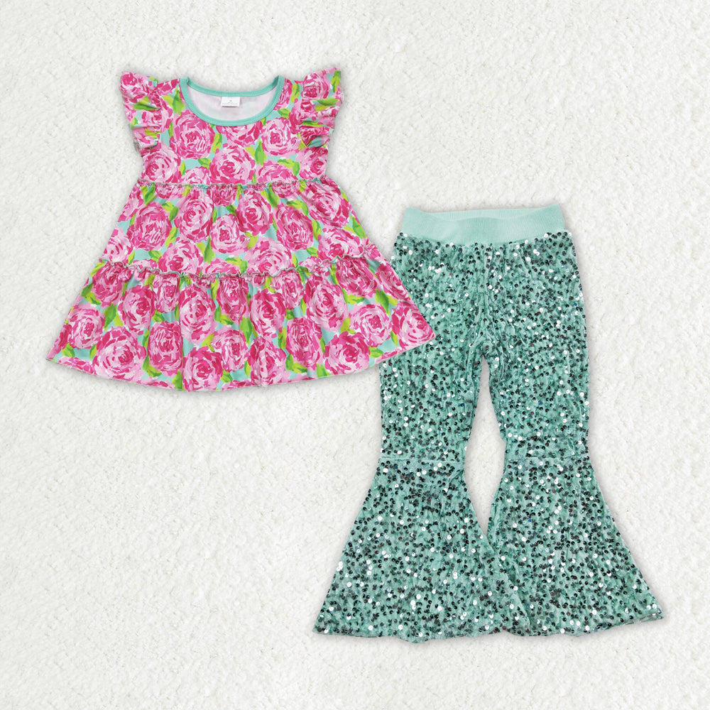 Sibling Baby Girls Flutter Sleeve Colorful Floral Tunic Sequin Bell Bottom Pant Clothes Set