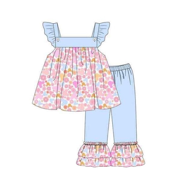 Baby Girls Pink Small Flowers Top Ruffle Pants Clothes Sets Preorder