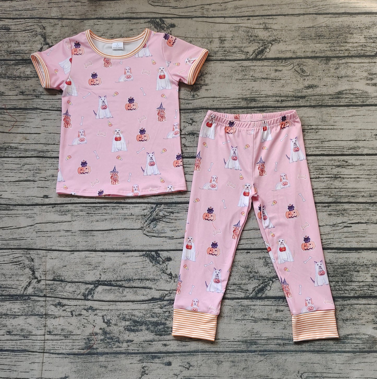 Baby Girls Pink Halloween Dog Pumpkin Shirt Pants Pajamas Clothes Sets