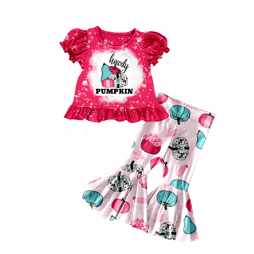 Baby Girls Howdy Pumpkin Shirt Top Bell Bottom Pants Clothes Sets Preorder