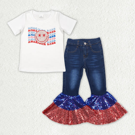 Sibling Baby Girls America Babe Smile Top Denim Bell Bottom Pant 4th of July Clothes Sets