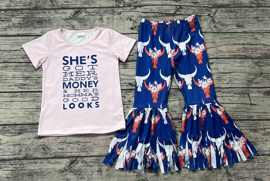Baby Girls Western Pink Top Cow Bell Pants Clothes Sets