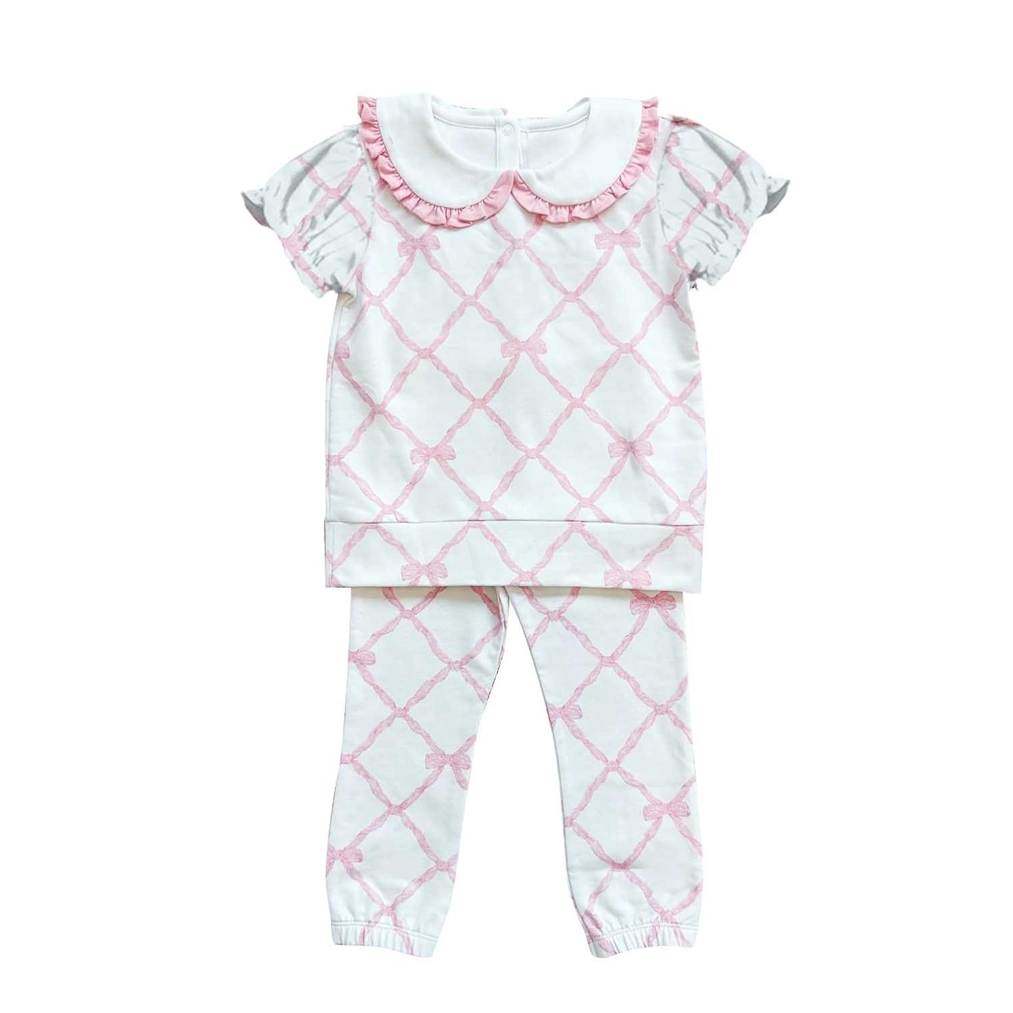 Preorder moq 5 Baby Girls Pink Bows Plaid Shirt Pants Outfits Clothes Sets