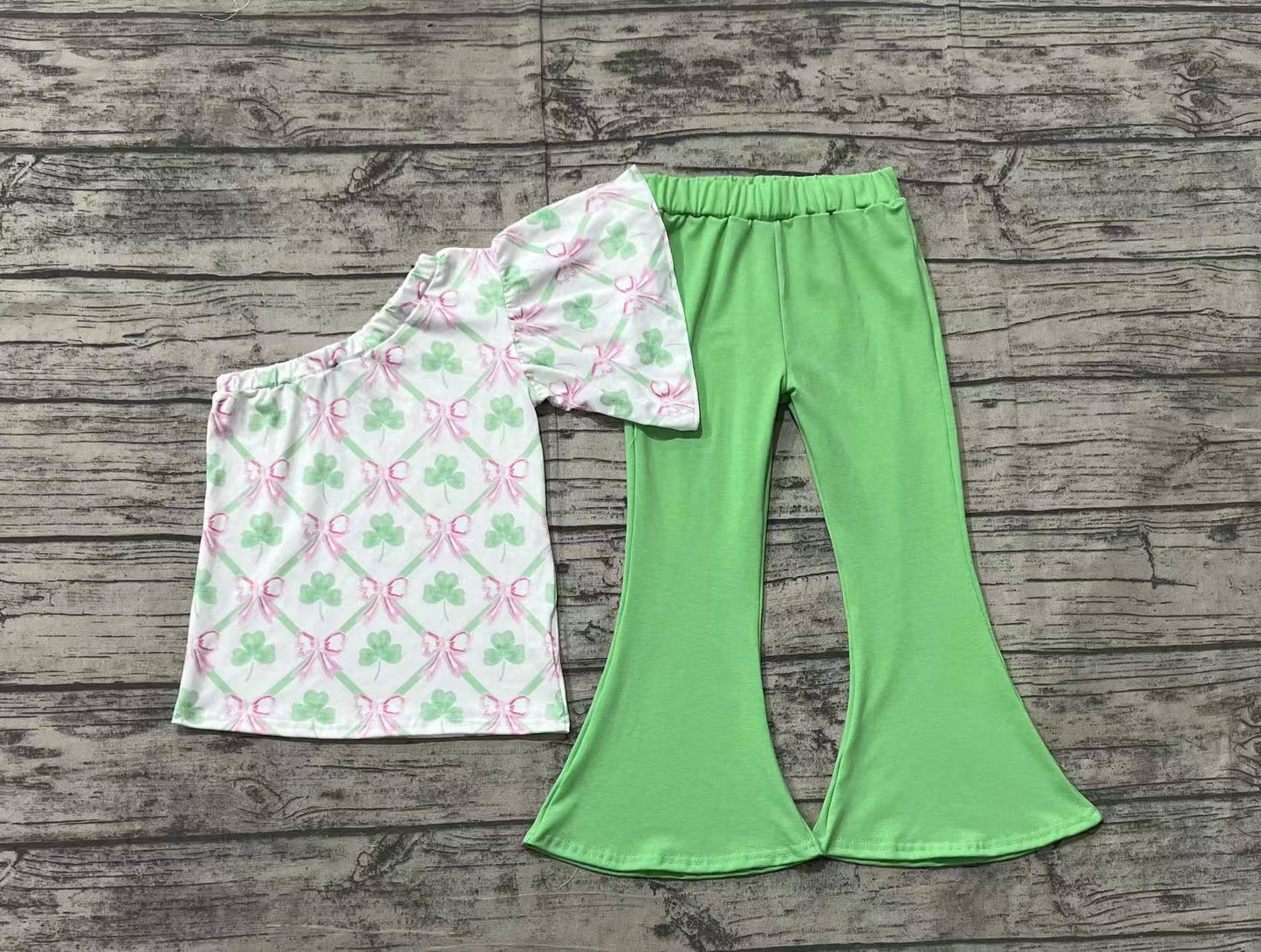 Baby Girls St Patrick Quatrefoil Bows One Shoulder Top Bell Pants Clothes Sets