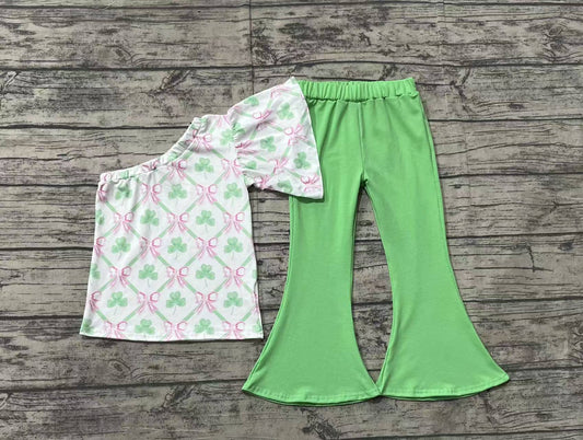 Baby Girls St Patrick Quatrefoil Bows One Shoulder Top Bell Pants Clothes Sets