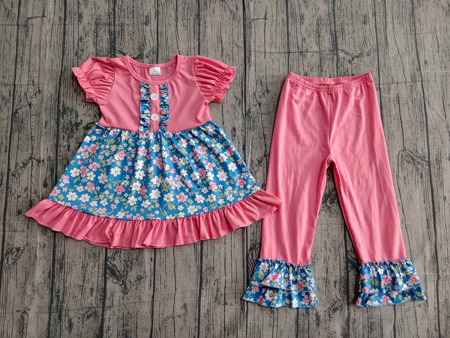 Baby Girls Colorful Flowers Button Tunic Ruffle Pants Clothing Sets