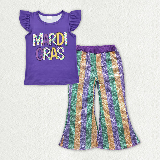 Sibling Baby Girls Mardigras Top Sequin Stripe Flare Pants Clothes Sets
