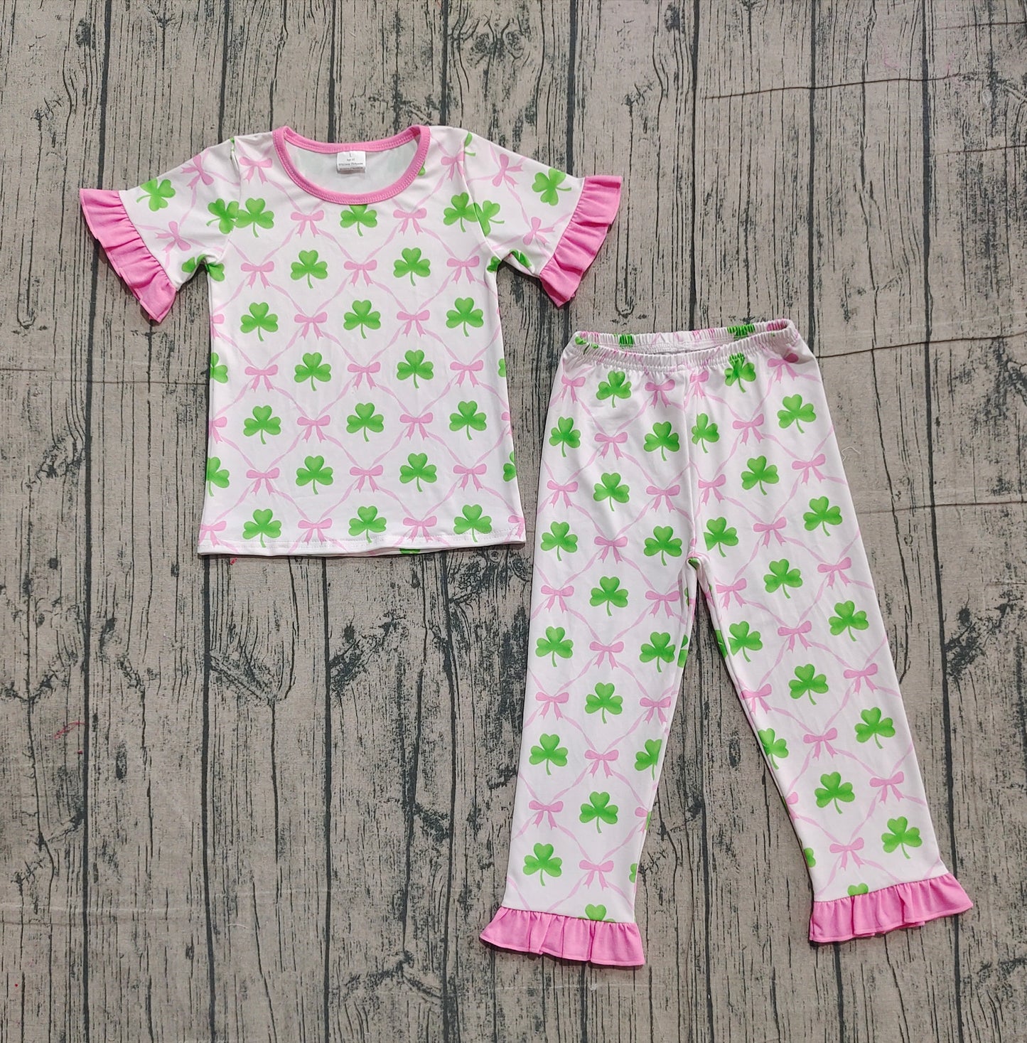 Baby Girls Bows Clovers Checked Top Ruffle Pants St Patrick Pajamas Sets