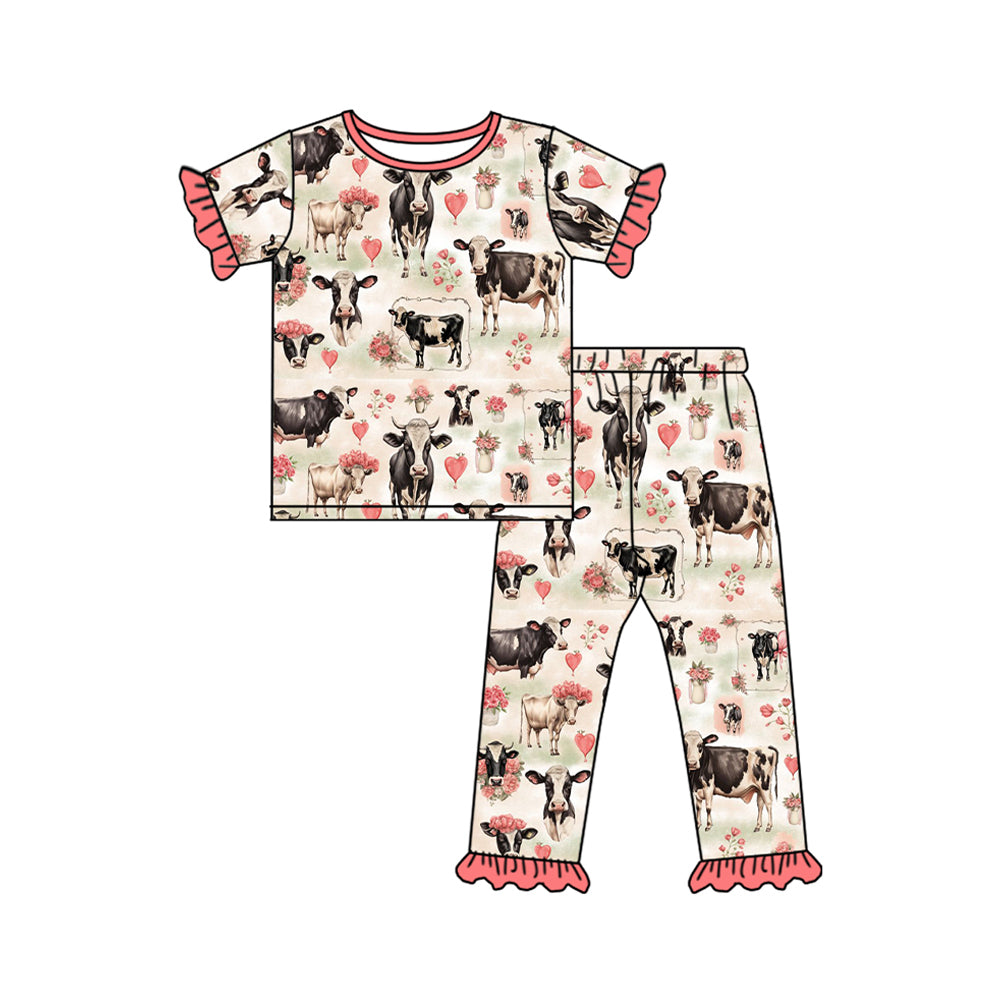 Baby Girls Pink Cow Flowers Shirt Pants Pajamas Clothes Sets Preorder