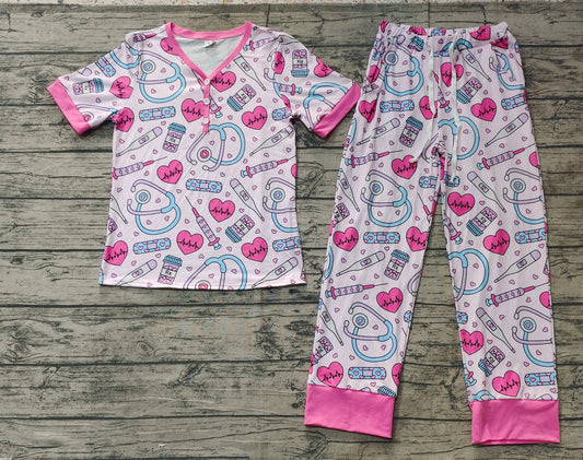 Adult Women Valentines Heart Nurse Tops Pants Pajamas Sets