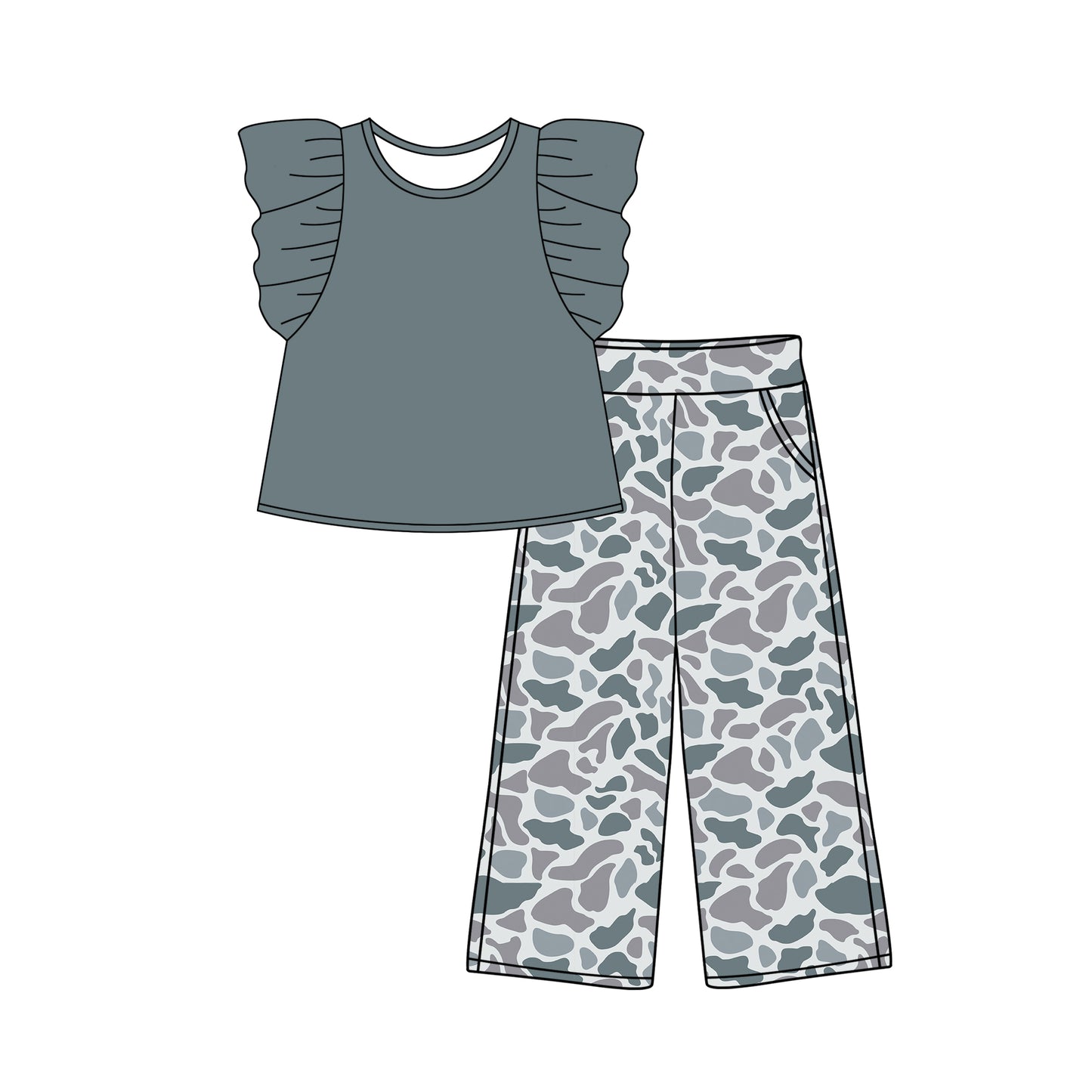 Baby Girls Grey Flutter Sleeve Shirt Camo Pants Clothes Sets Preorder