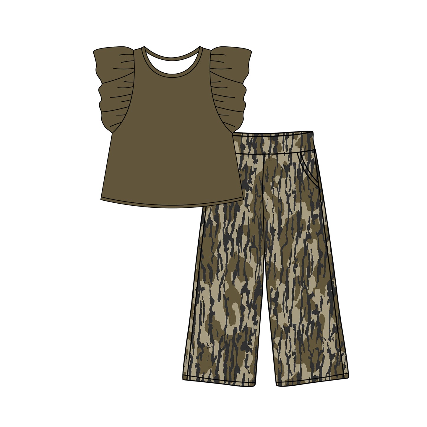 Baby Girls Green Flutter Sleeve Shirt Bottomland Pants Clothes Sets Preorder