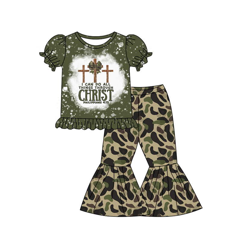 Baby Girls Green Christ Camo Shirt Bell Pants Clothes Sets Preorder