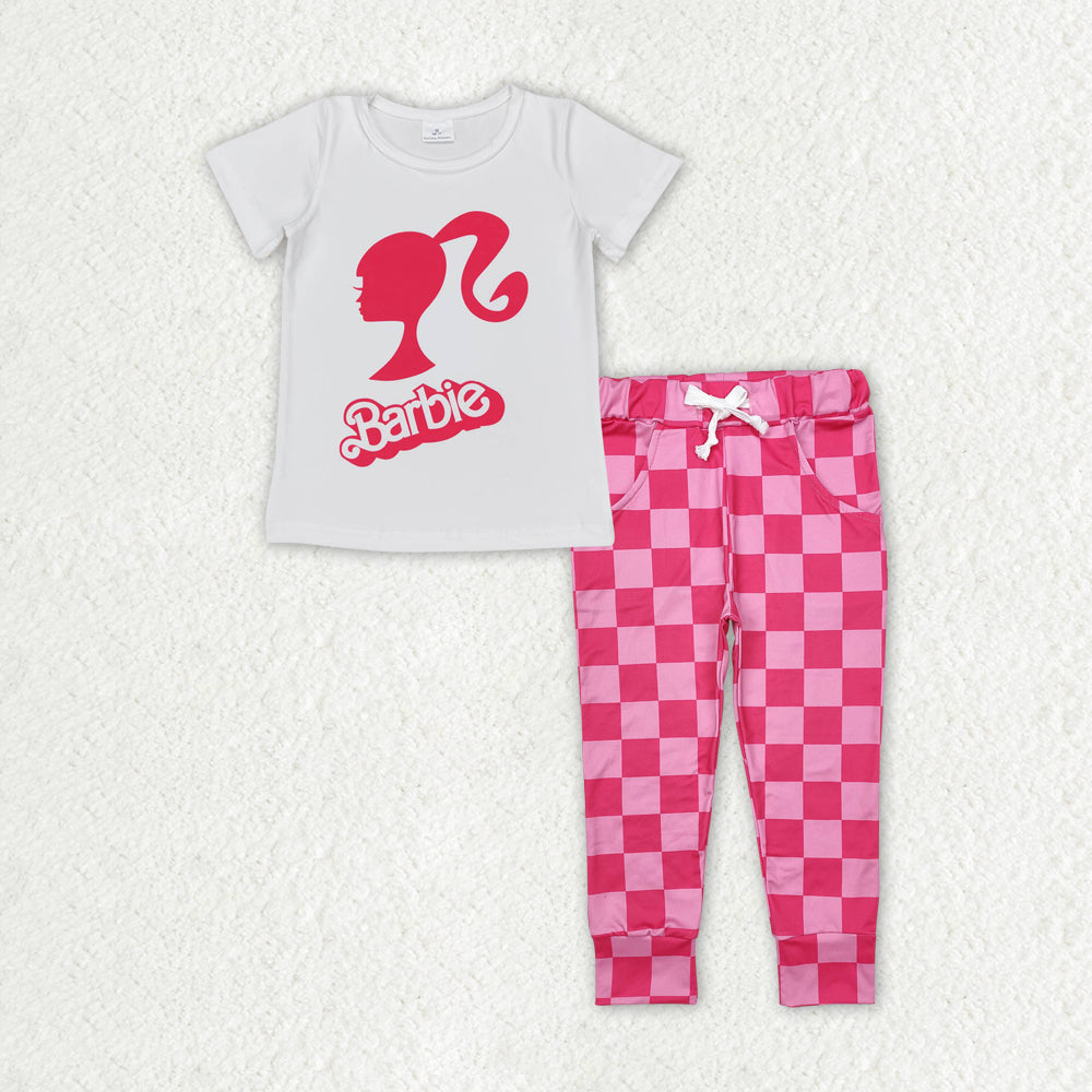 Baby Girls White Doll Shirt Top Checkered Pants Clothes Sets