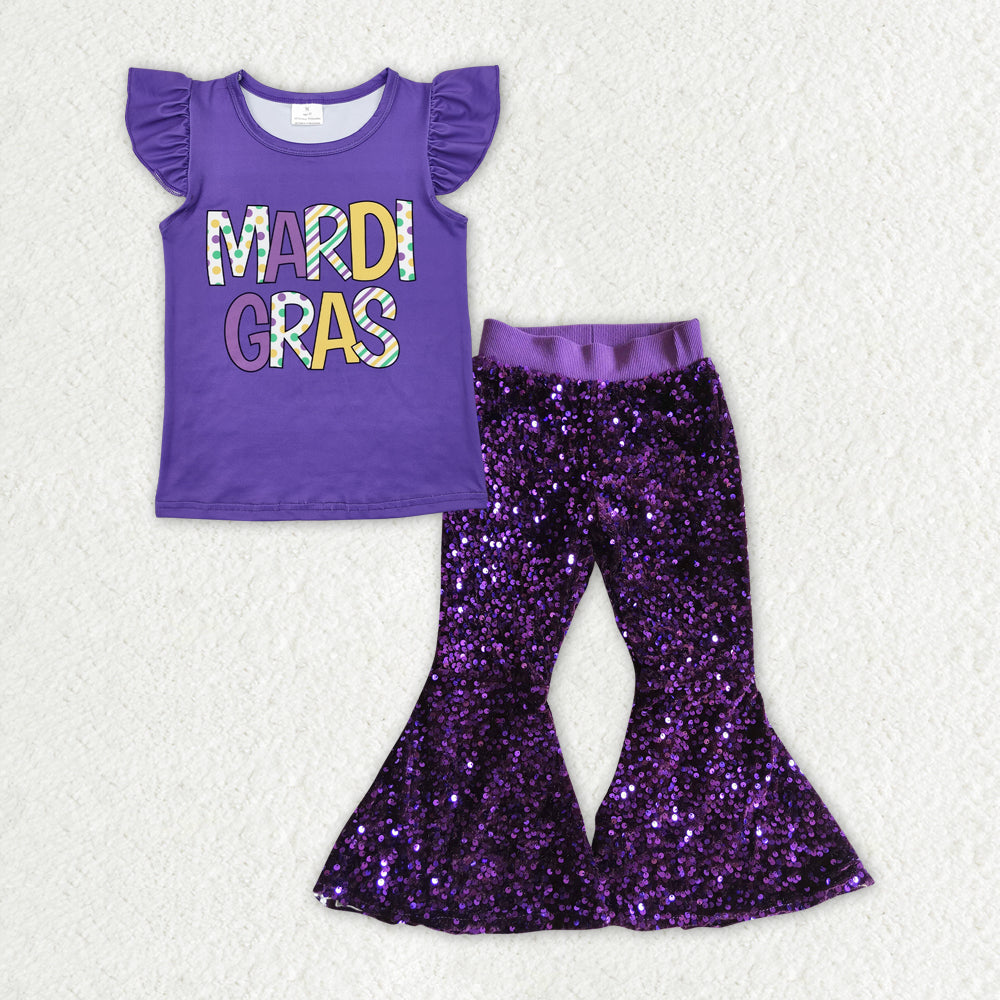 Baby Girls Mardi Gras Flutter Sleeve Top Purple Sequin Pants Clothes Sets