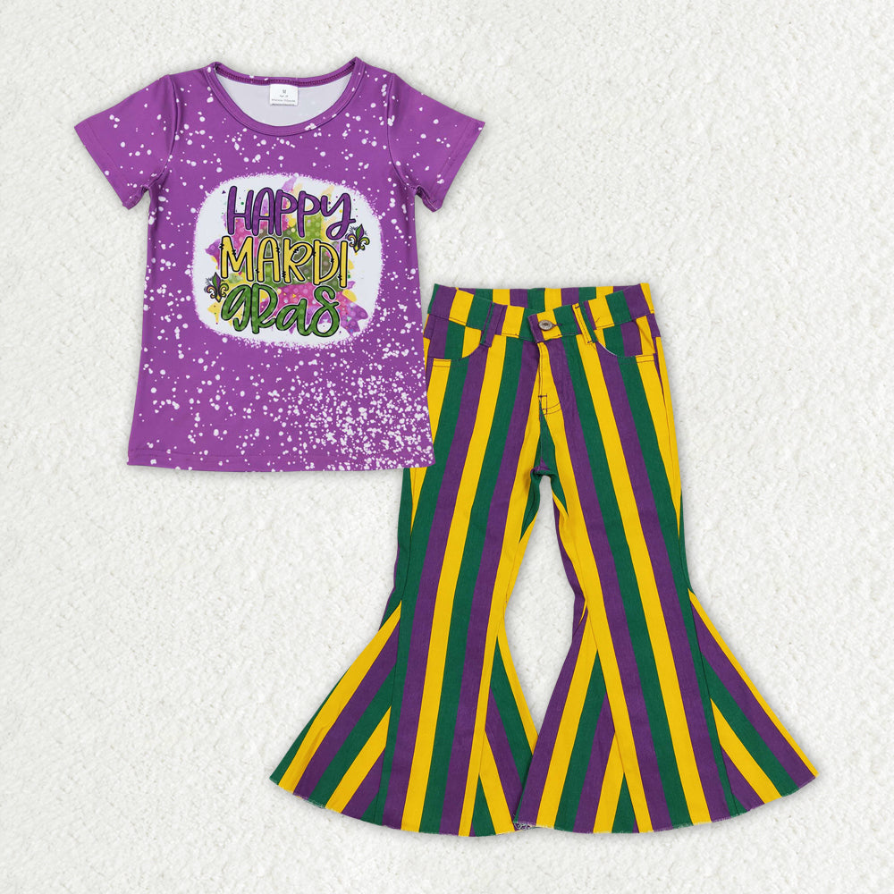Girls Baby Happy Mardi Gras Shirt Stripes Denim Jeans Pants Clothes Sets