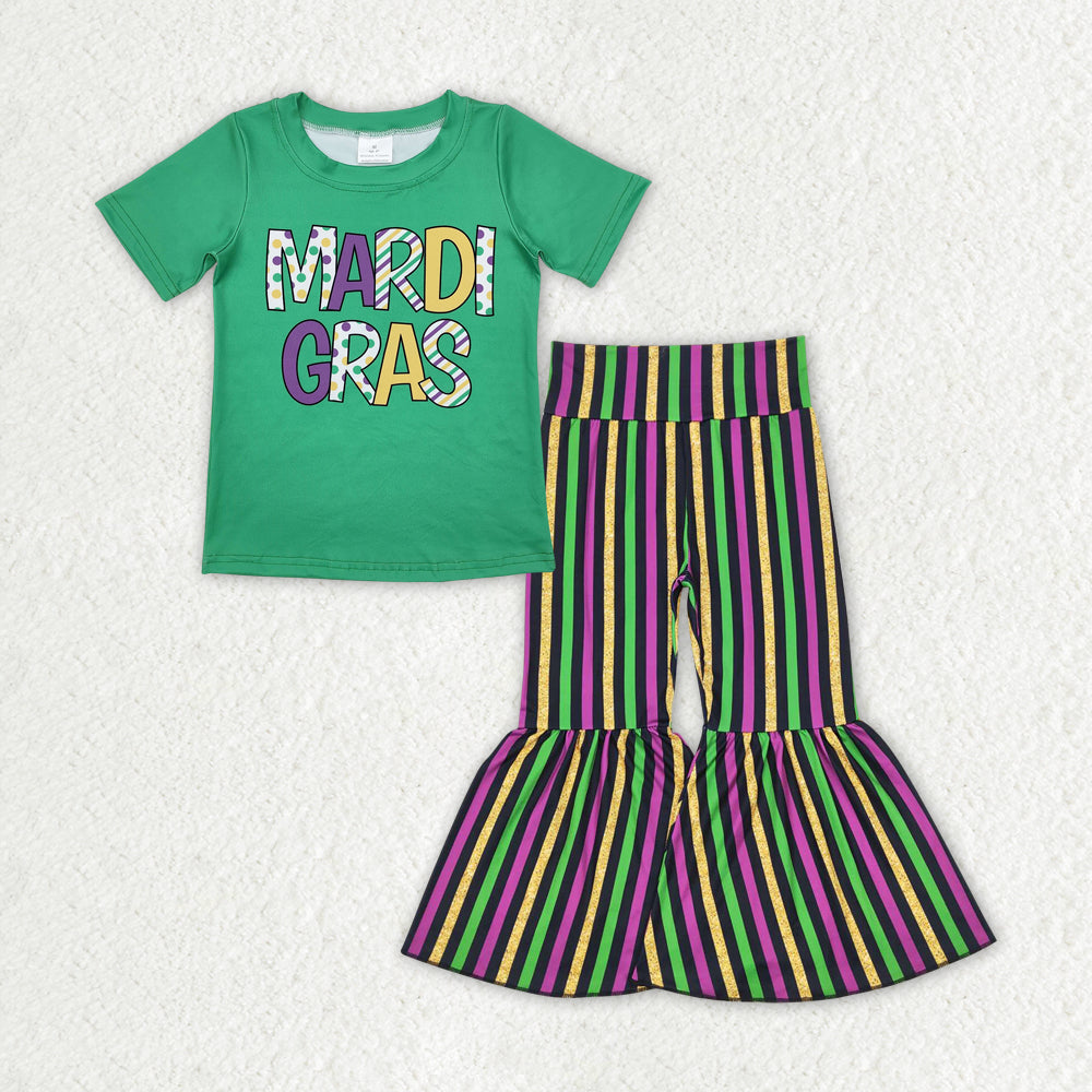 Baby Girls Green Mardi Gras Short Sleeve Shirt Stripes Bell Pants Clothes Sets